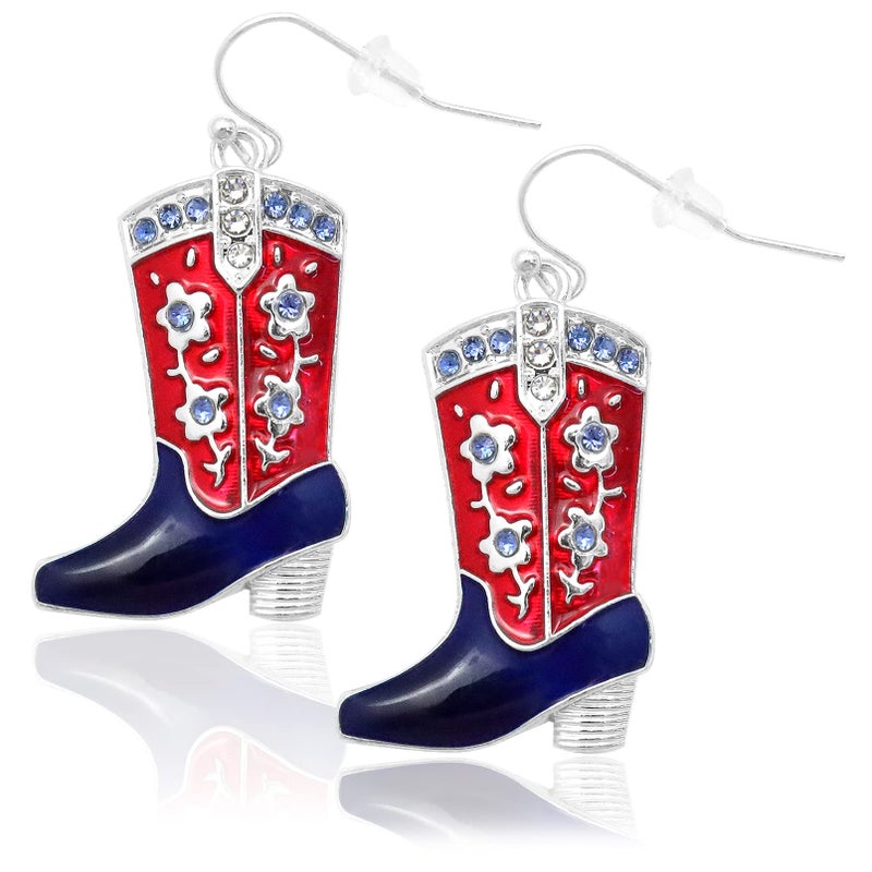 RechicGu 4th of July Earrings,Western West Cowgirl Texas Boots Spur Dangle Drop Earrings Rodeo Boho Fancy Dress Costume (Flower Silver Boots) - Image 1